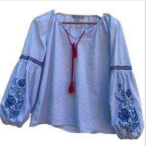 Marc New York Coastal Boho Peasant Blouse Tassel Embroidered Puff Sleeve